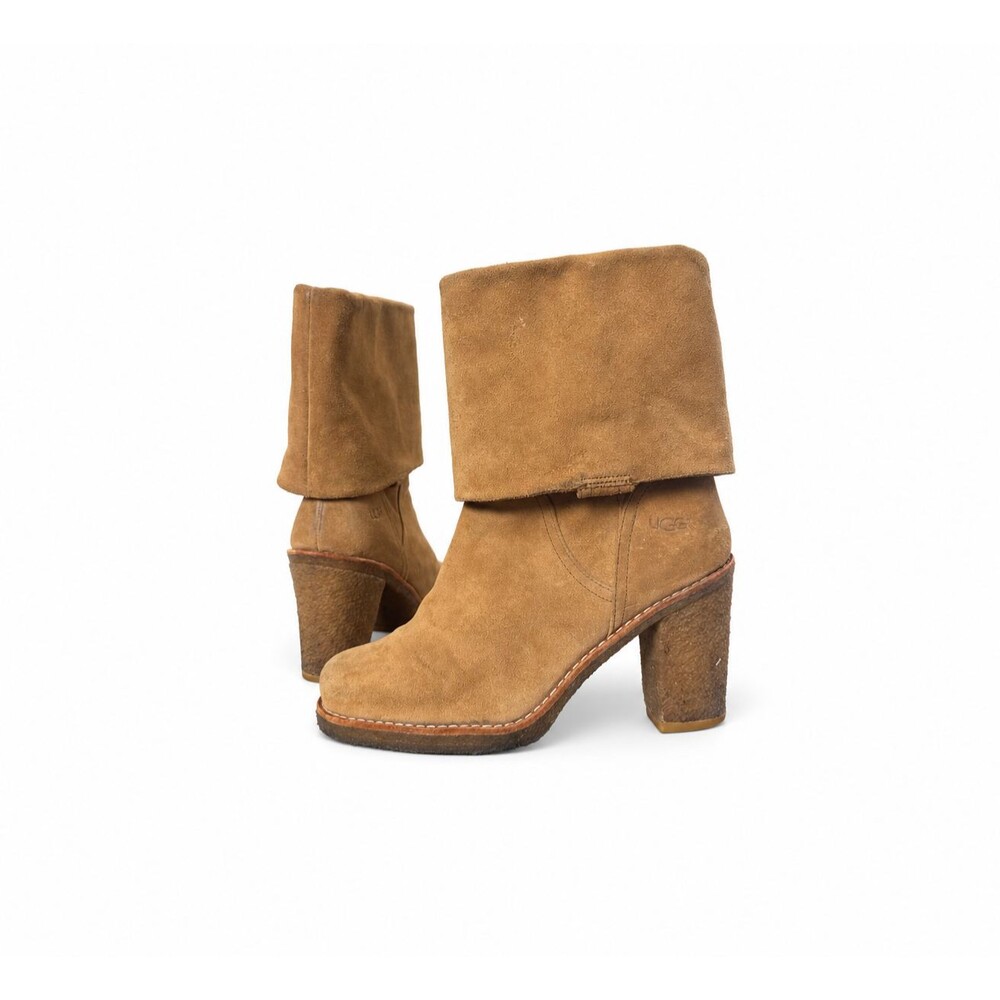 UGG Chestnut Suede Tall Boots Women 8.5 Fold Over Chunky Heel Cozy Winter